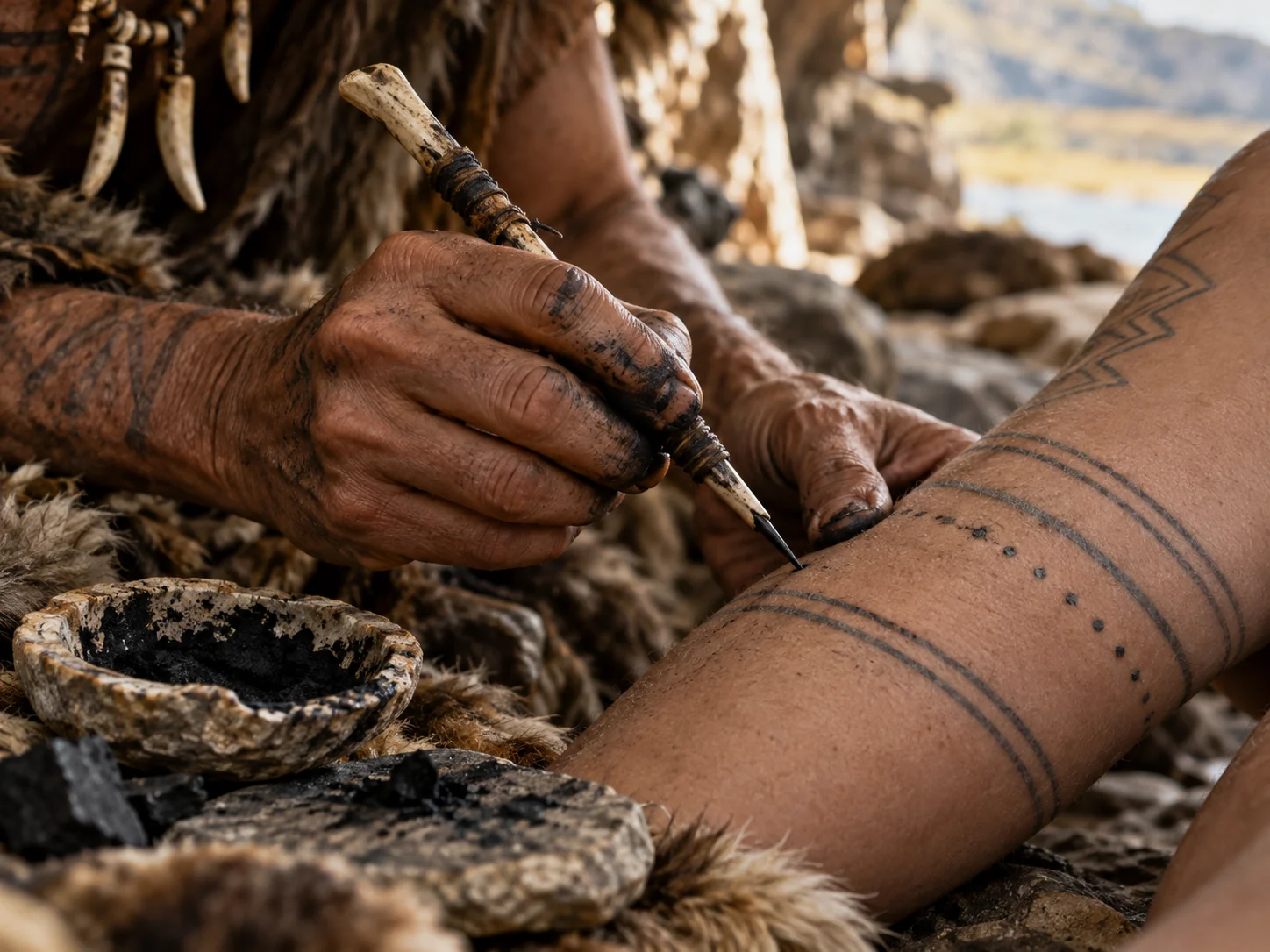 Close por IA de tatuagem ancestral sendo feita ponto a ponto com ferramenta pontiaguda e pigmento escuro.