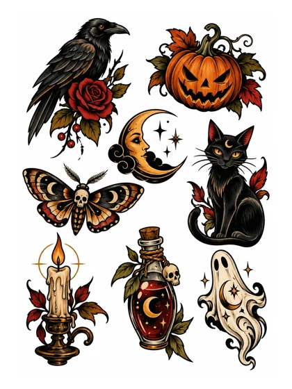 BAGE-08 — Halloween Neo Traditional — flash de Bagé para o Halloween 2026 em Porto Alegre