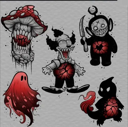 FLASH-11 — Criaturas e cogumelos — flash histórico de Halloween da Família Bagé Tattoo, Porto Alegre