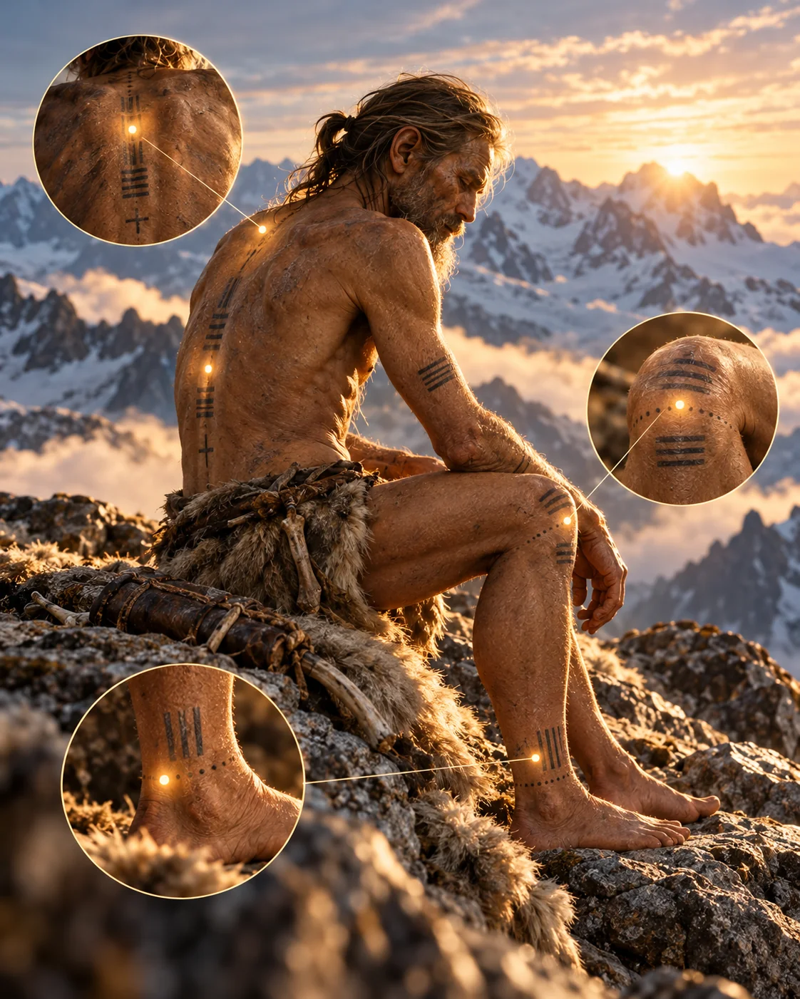 Ilustração por IA com destaques em regiões do corpo associadas às tatuagens de Ötzi e à hipótese de função terapêutica.