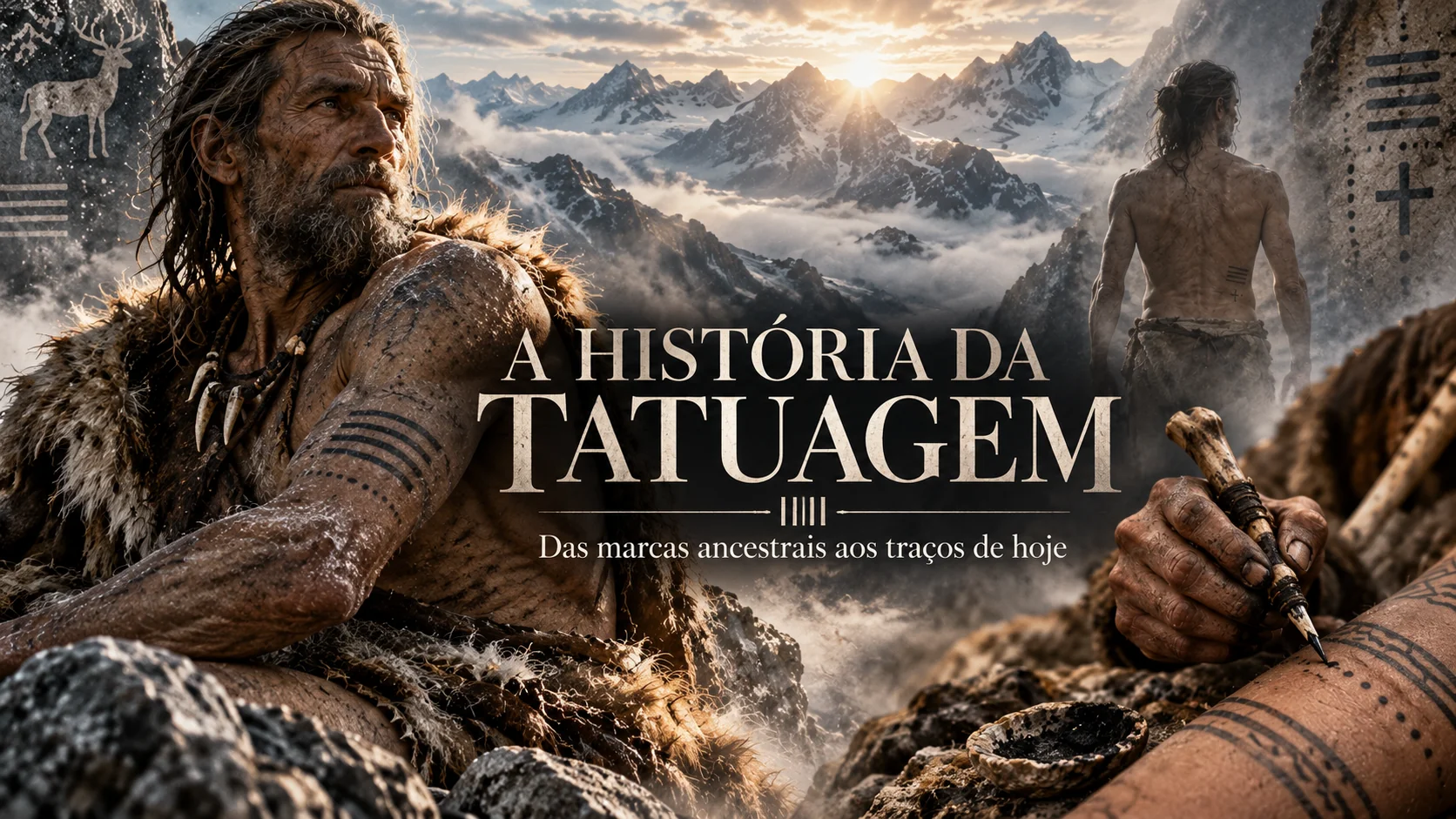 Imagem de abertura da reportagem, com atmosfera alpina e referências visuais às marcas ancestrais de tatuagem. Ilustração gerada por IA.