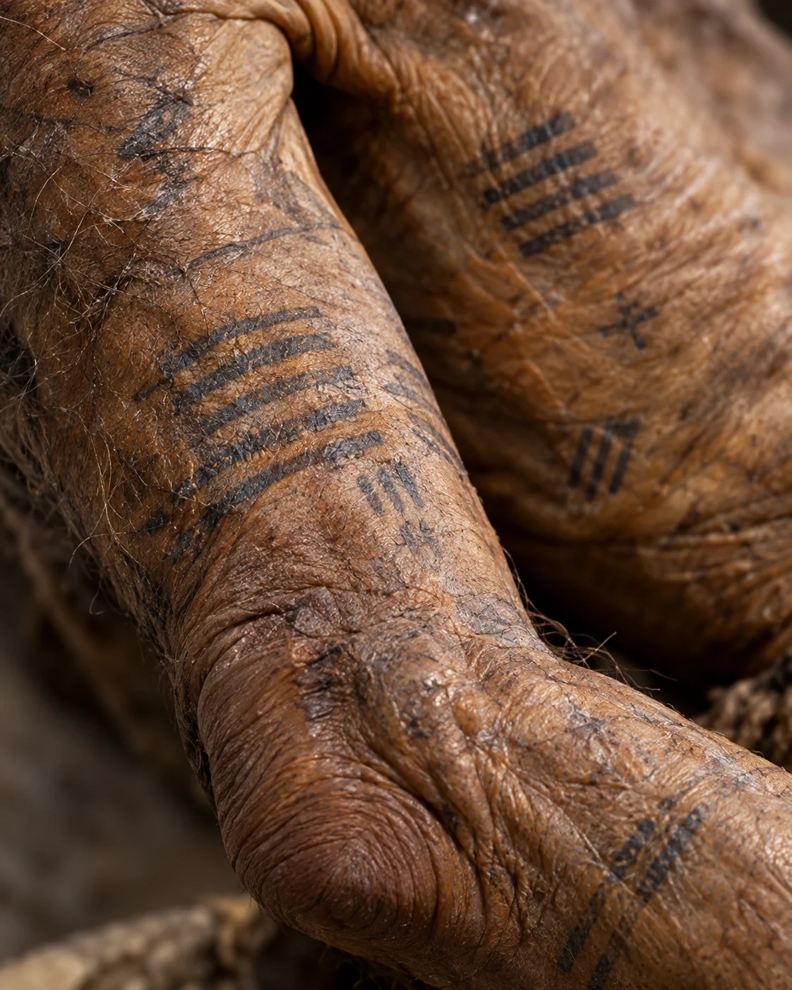 Close gerado por IA de marcas lineares e cruzes em pele envelhecida, inspirado nas tatuagens de Ötzi.
