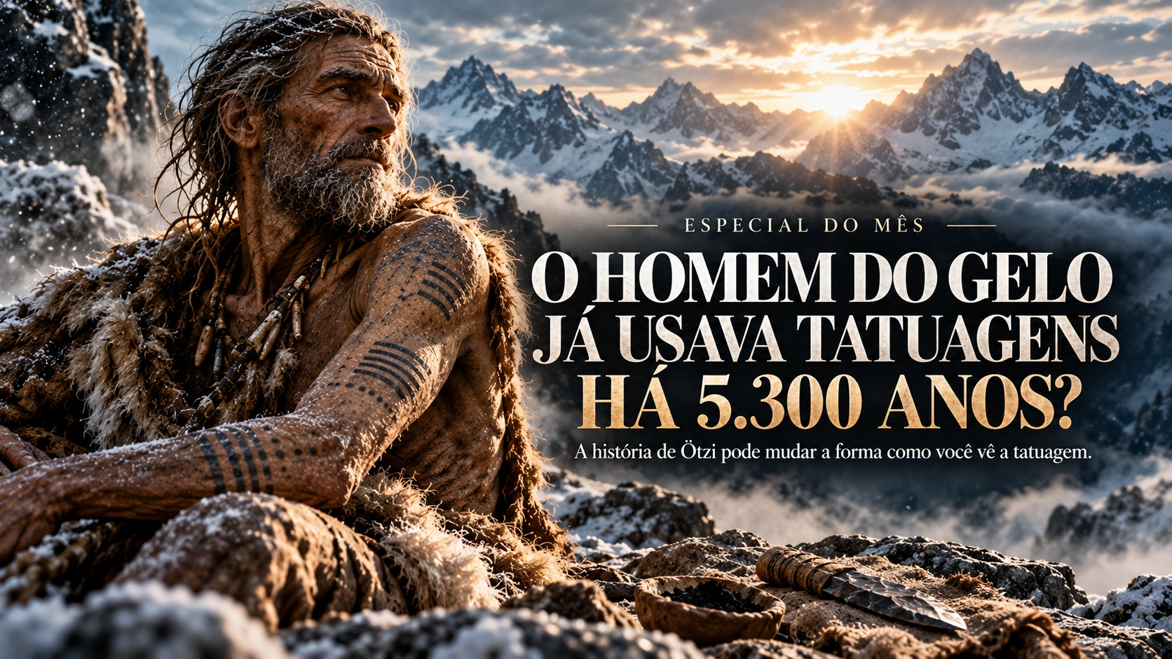 Reconstituição artística gerada por IA de Ötzi tatuado nos Alpes, com manchete editorial sobre suas tatuagens de 5.300 anos.