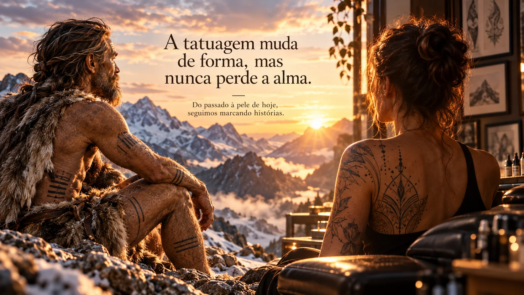 Imagem final por IA conectando um homem ancestral e uma pessoa tatuada contemporânea diante de uma paisagem montanhosa ao pôr do sol.