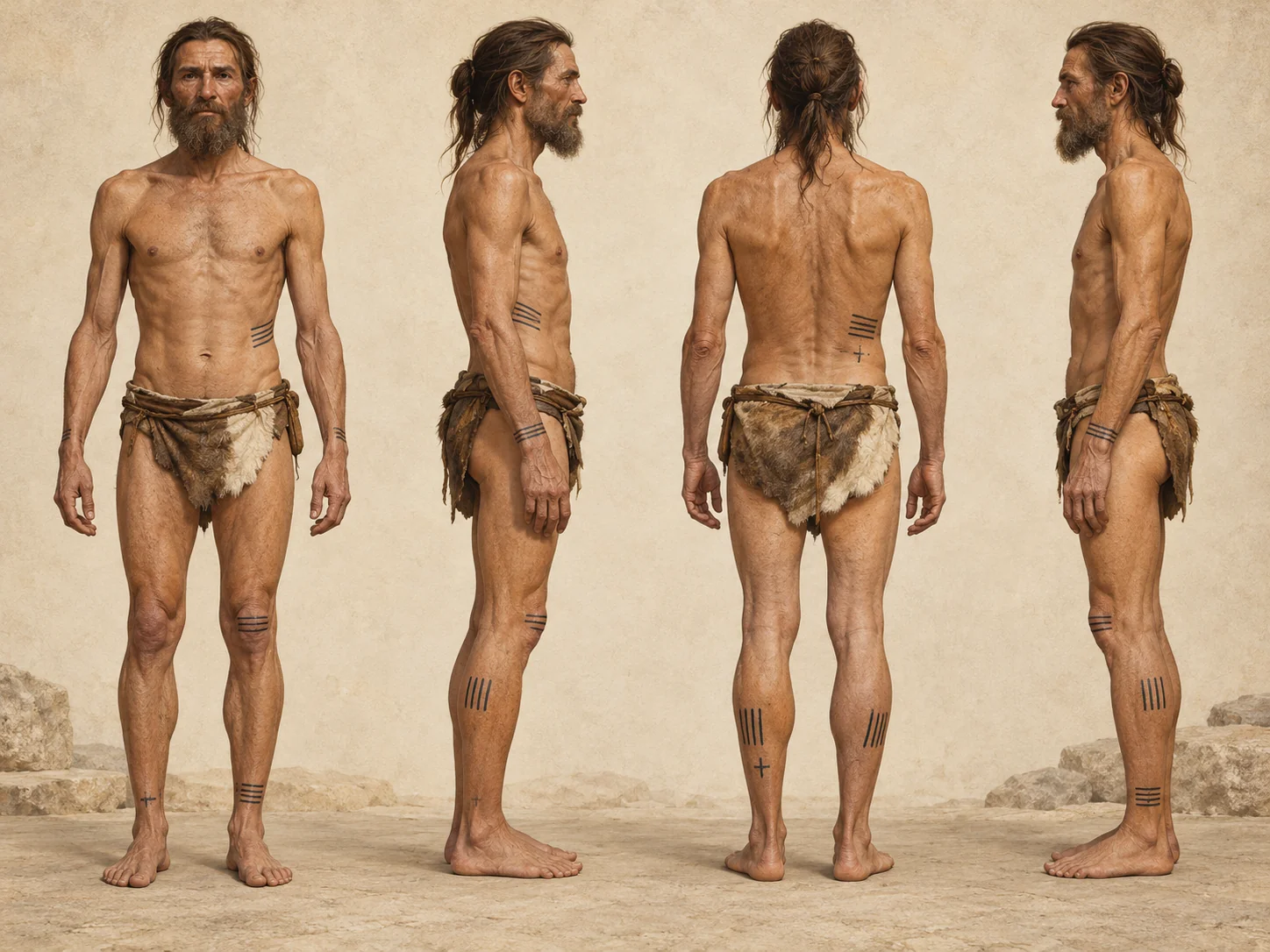 Estudo visual por IA de um homem pré-histórico em várias vistas, com marcas lineares inspiradas nas tatuagens de Ötzi.