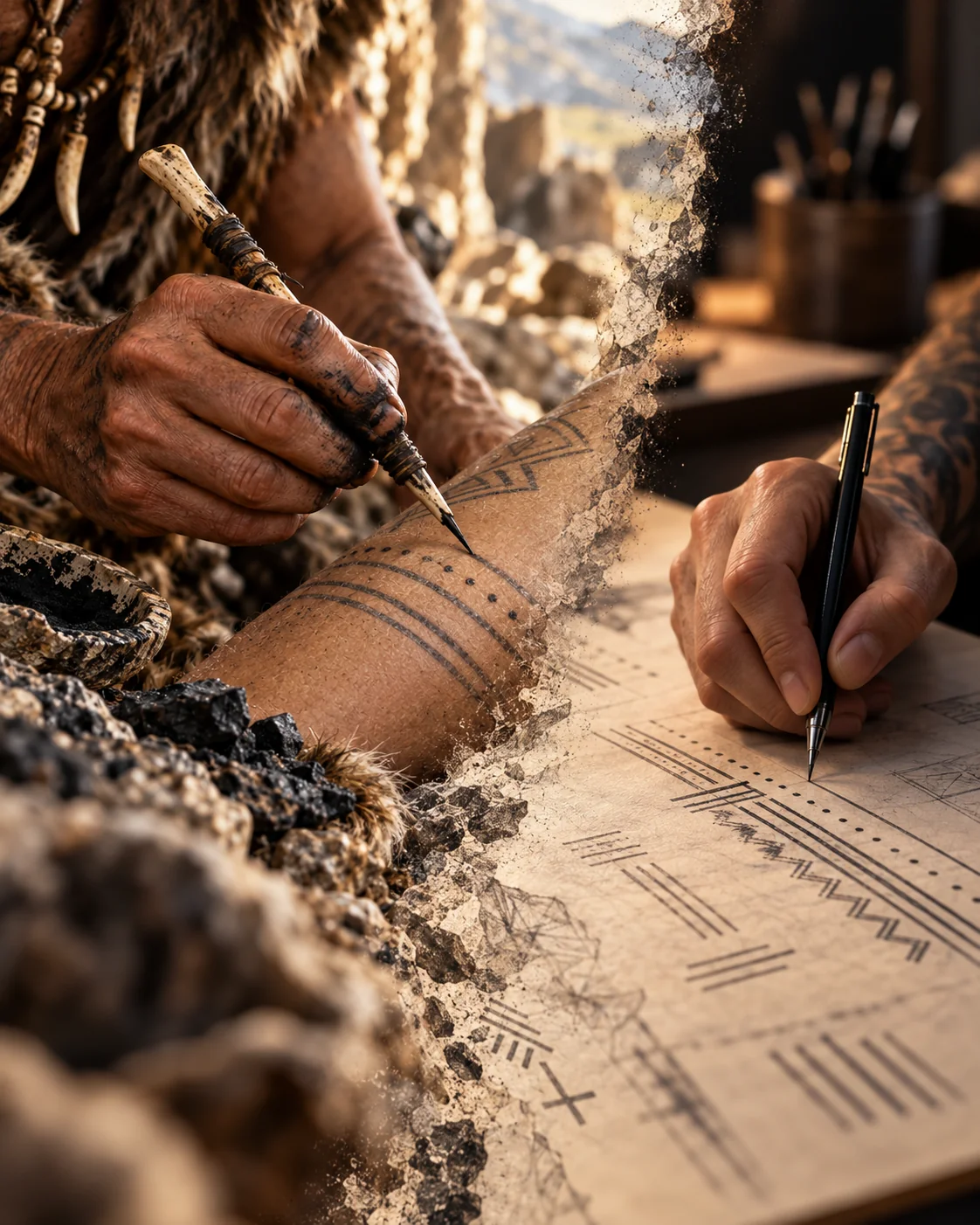 Ferramentas ancestrais e máquina de tatuagem moderna lado a lado, em composição editorial gerada por IA.