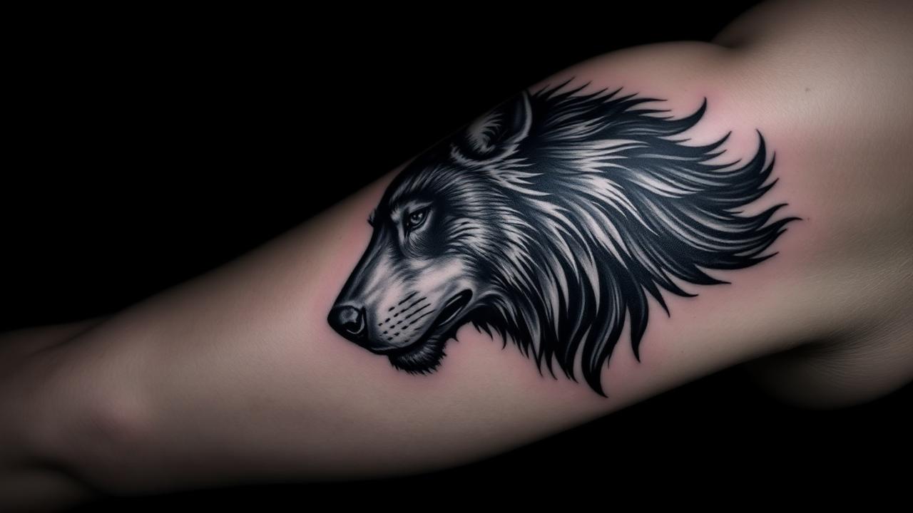 Tatuagem realista black and grey de um lobo no braço, com pretos profundos e transições suaves de cinza