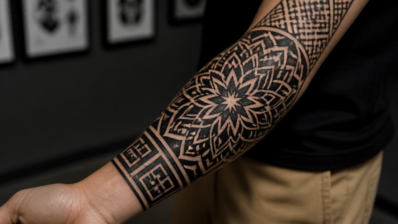 Tatuagem blackwork ornamental em preto sólido no antebraço com forte espaço negativo