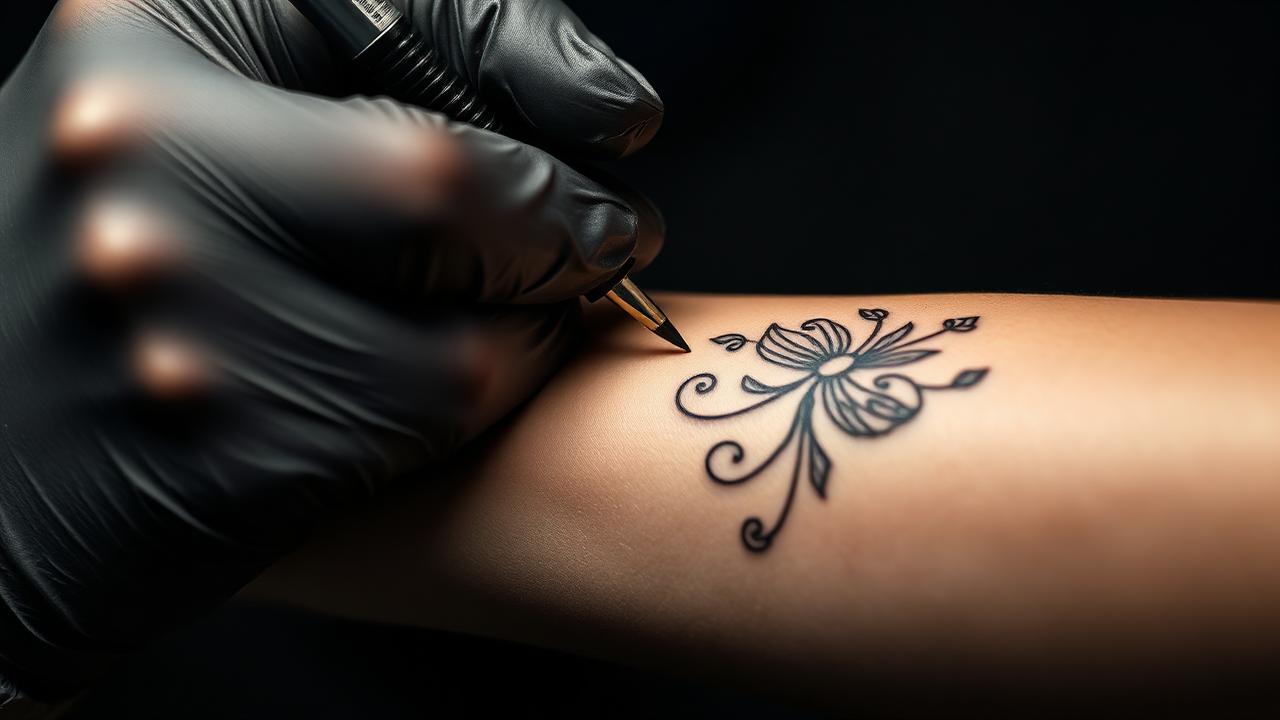 Tatuador executando um desenho floral em fine line no antebraço com máquina pen