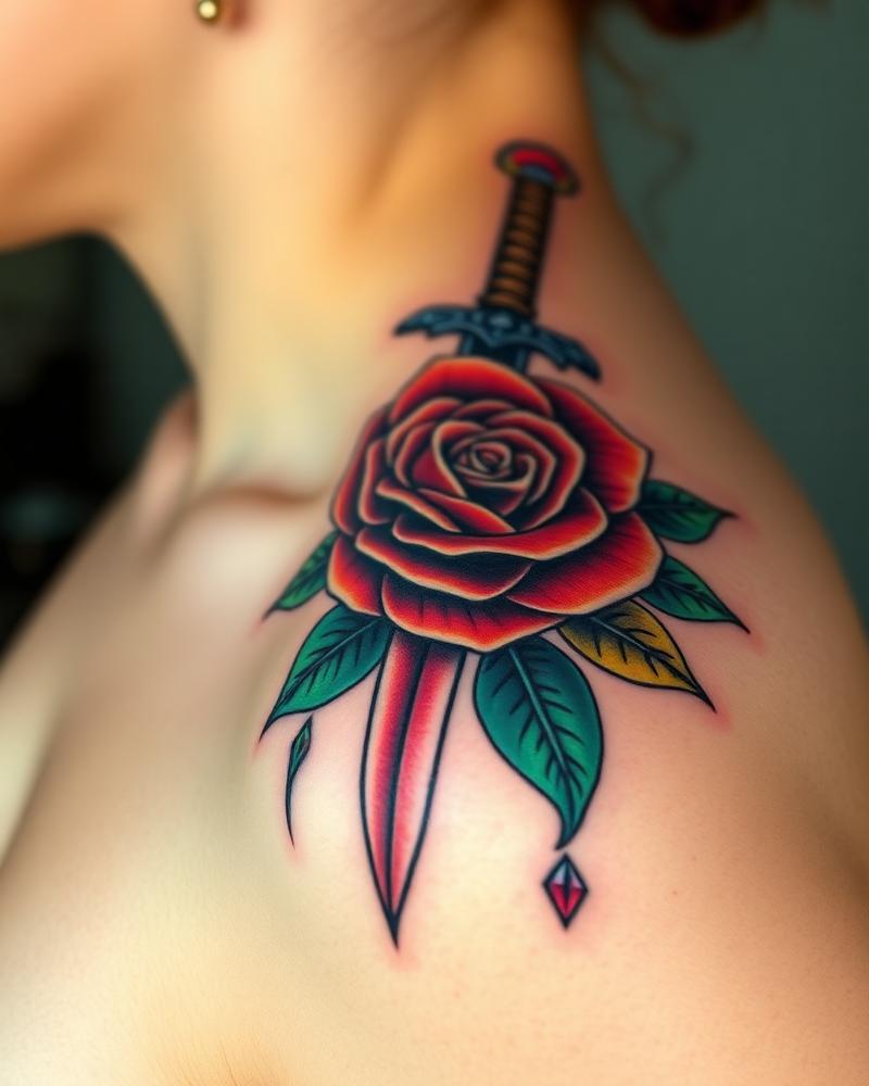 Tatuagem Neo Traditional — Rosa & Adaga por Josi